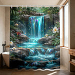 rideau douche moderne paysage cascade arbres fleurs opacité vert bleu blanc rouge jaune noir