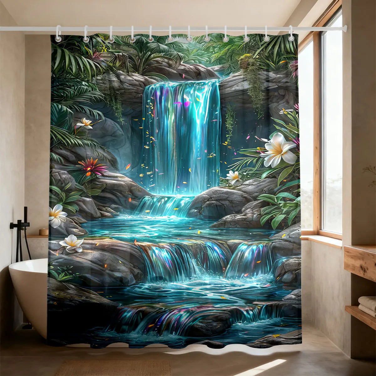 rideau douche moderne paysage cascade arbres fleurs opacité vert bleu blanc rouge jaune noir