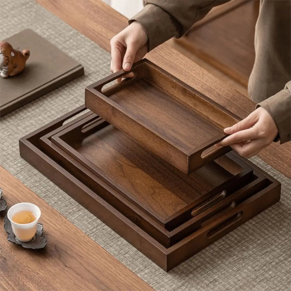 plateau carré bois marron foncé minimaliste poignées service présentation maison rustic