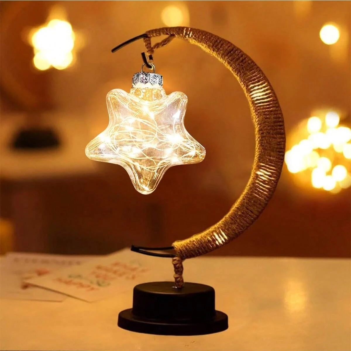 lampe table led or vintage étoile lune corde tressée romantique chambre décoration nocturne