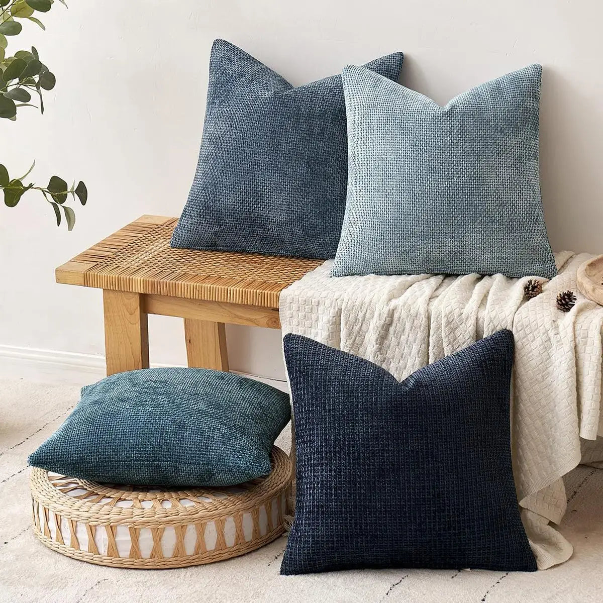 housse coussin carré tissage texture polyester coton moderne bleu marine clair beige marron