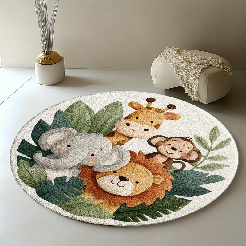 tapis animaux jungle antidérapant doux polyester blanc vert chambre enfant