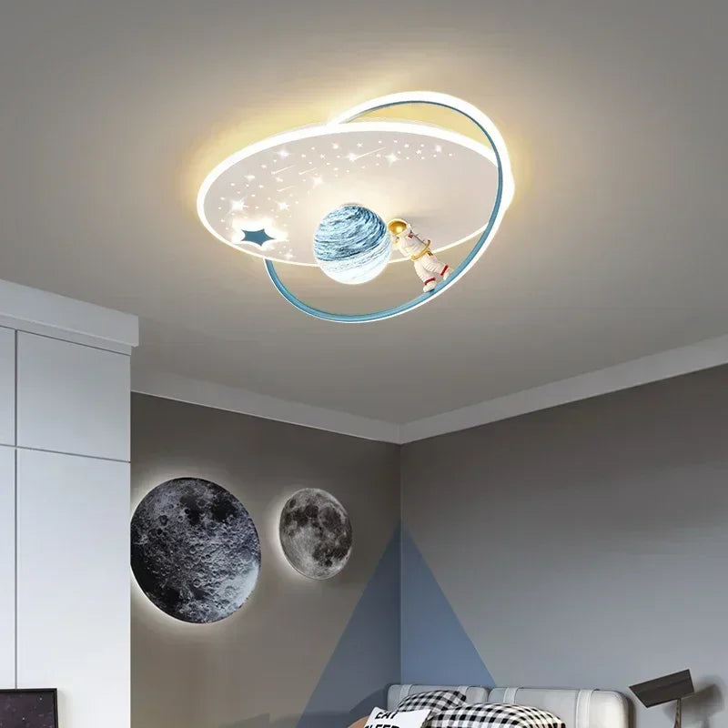plafonnier led moderne blanc bleu doré étoiles planète astronaute verre transparent chambre enfants