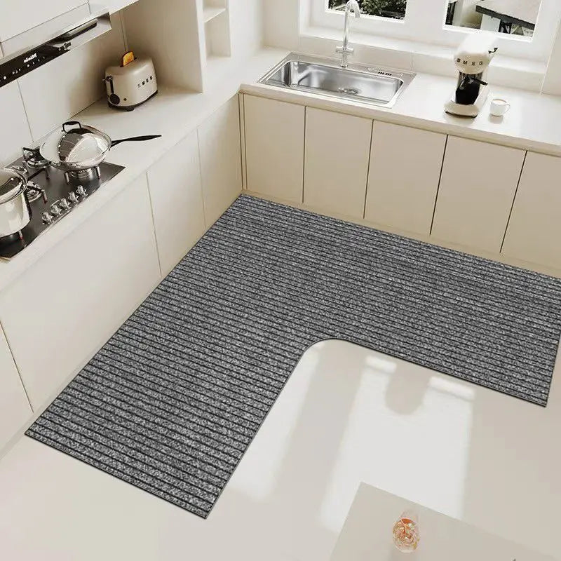 tapis cuisine gris beige rayures bordure moderne antidérapant imperméable polypropylène PVC