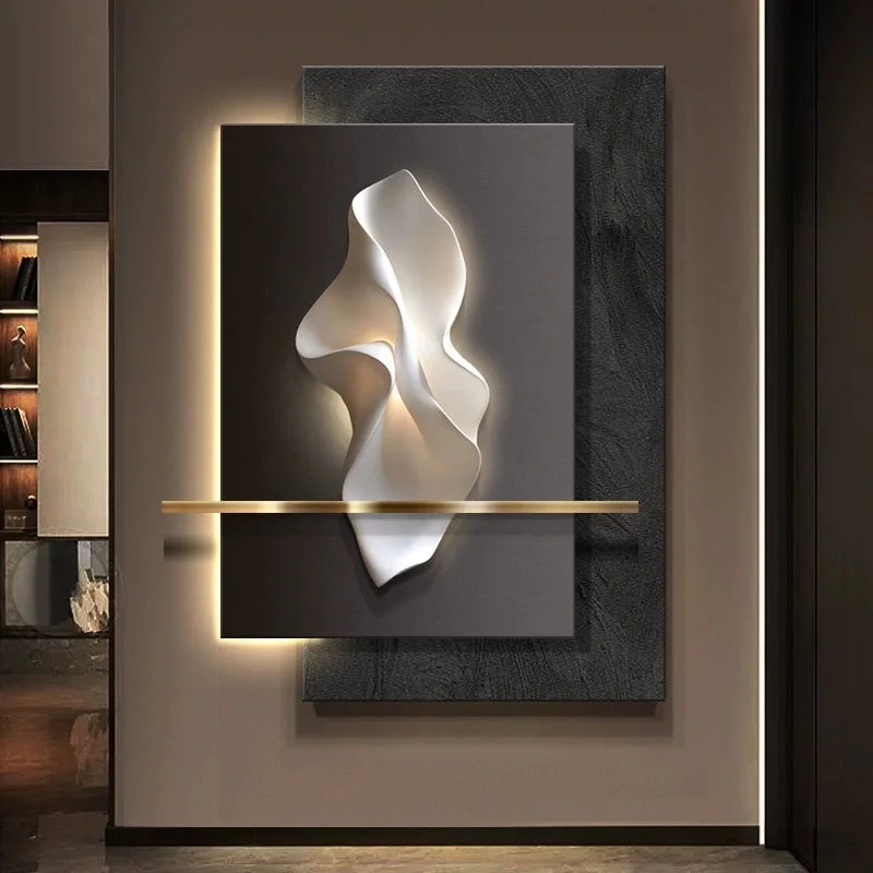 tableau mural abstrait led moderne blanc gris noir contemporain fixé mur dimmable