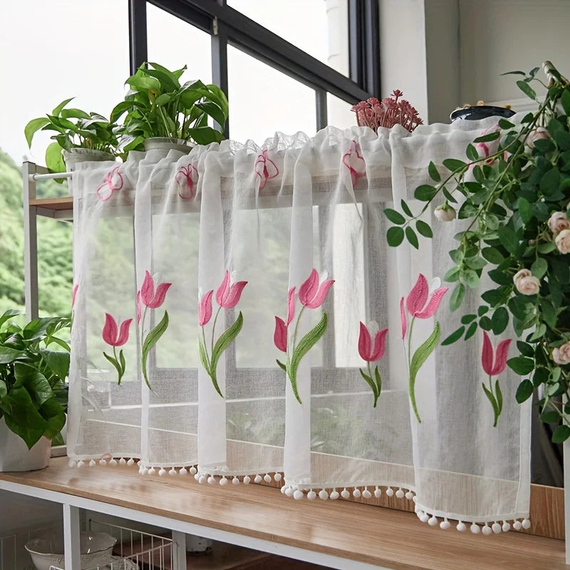 rideau semi transparent brodé tulipes roses blancs fenêtre salon cuisine floral