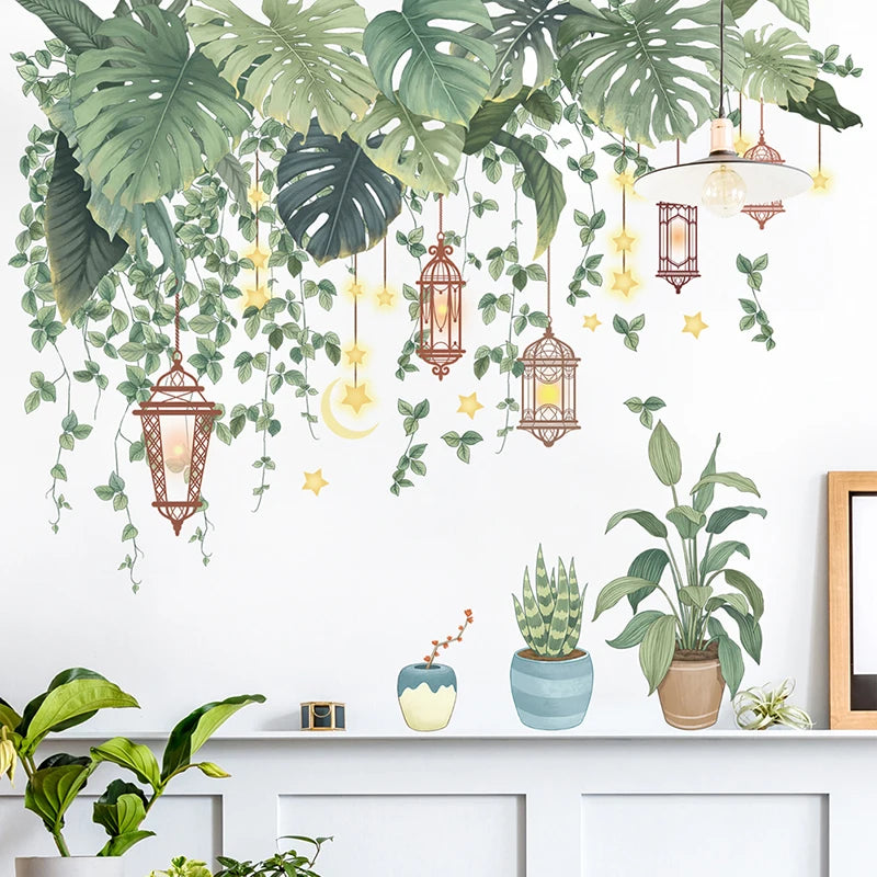 stickers muraux feuilles tropicales plantes decoratives adhésifs maison salon enfants naturels vert orange bleu