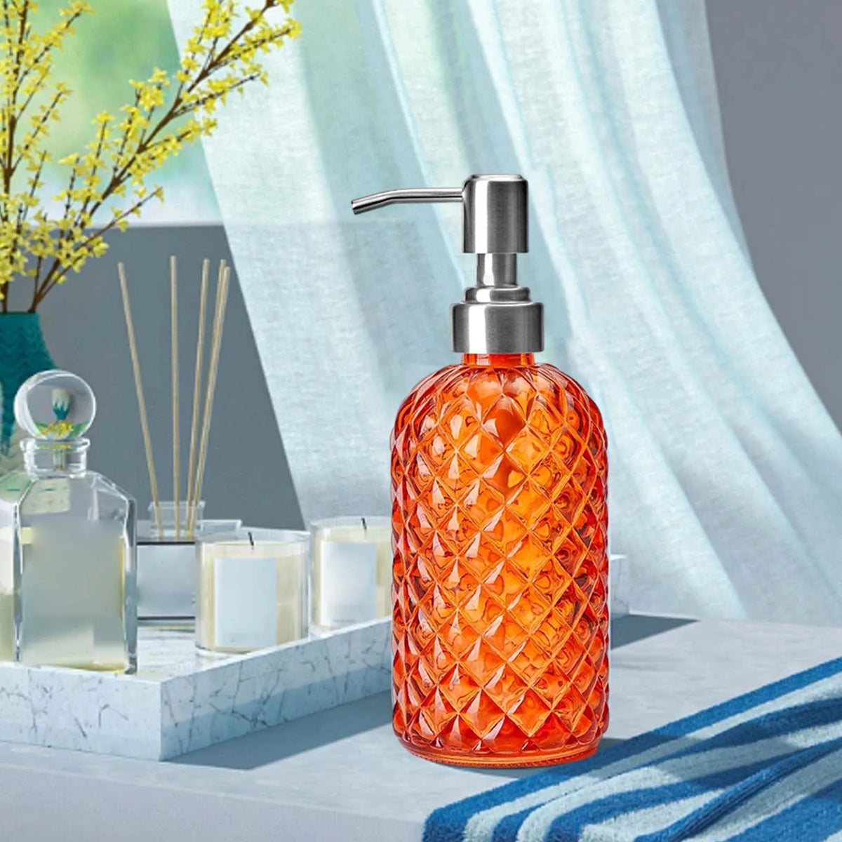 distributeur savon liquide verre transparent moderne bleu vert orange gris rechargeable comptoir salle bains