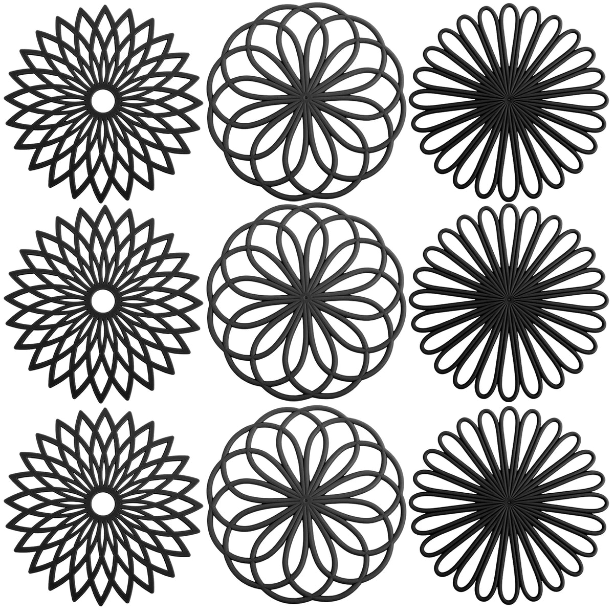 Set de 9 dessous de plat en silicone vert antidérapant sur une table moderne