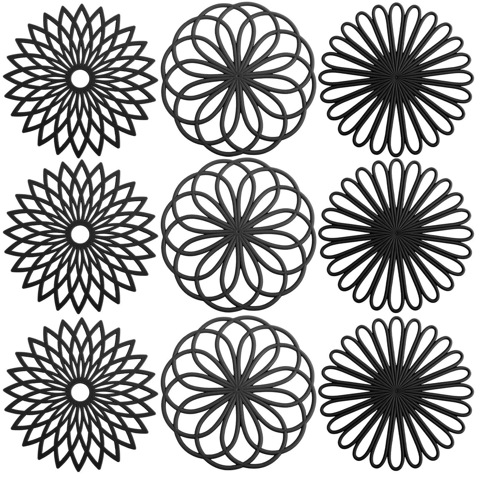 Set de 9 dessous de plat en silicone vert antidérapant sur une table moderne