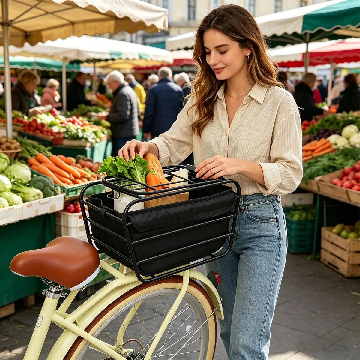panier vélo cage sac noir métal tissu rustique utilitaire animaux transport camping coursesextérieur