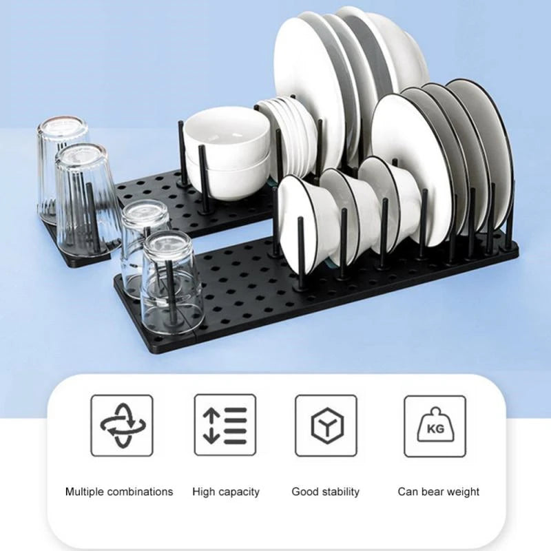 support vaisselle extensible noir perforé moderne clips assiettes bols verres rangement cuisine ajustable