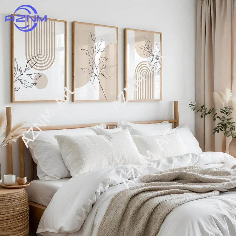 toile d'art minimaliste lignes géométriques feuilles stylisées contemporain beige noir blanc sans cadre chambre