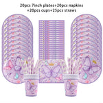 vaisselle jetable fête anniversaire papillons violets roses fleurs couronnes paillettes dorées assiettes tasses serviettes