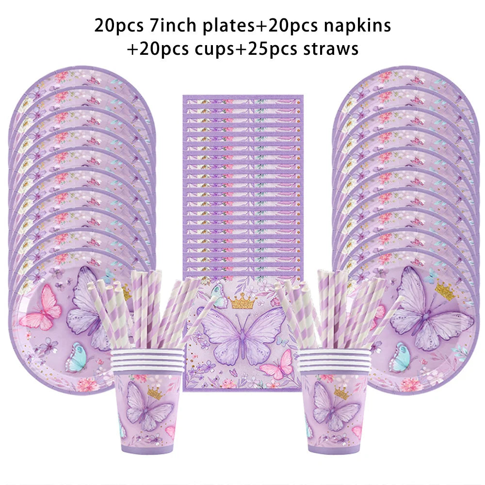 vaisselle jetable fête anniversaire papillons violets roses fleurs couronnes paillettes dorées assiettes tasses serviettes