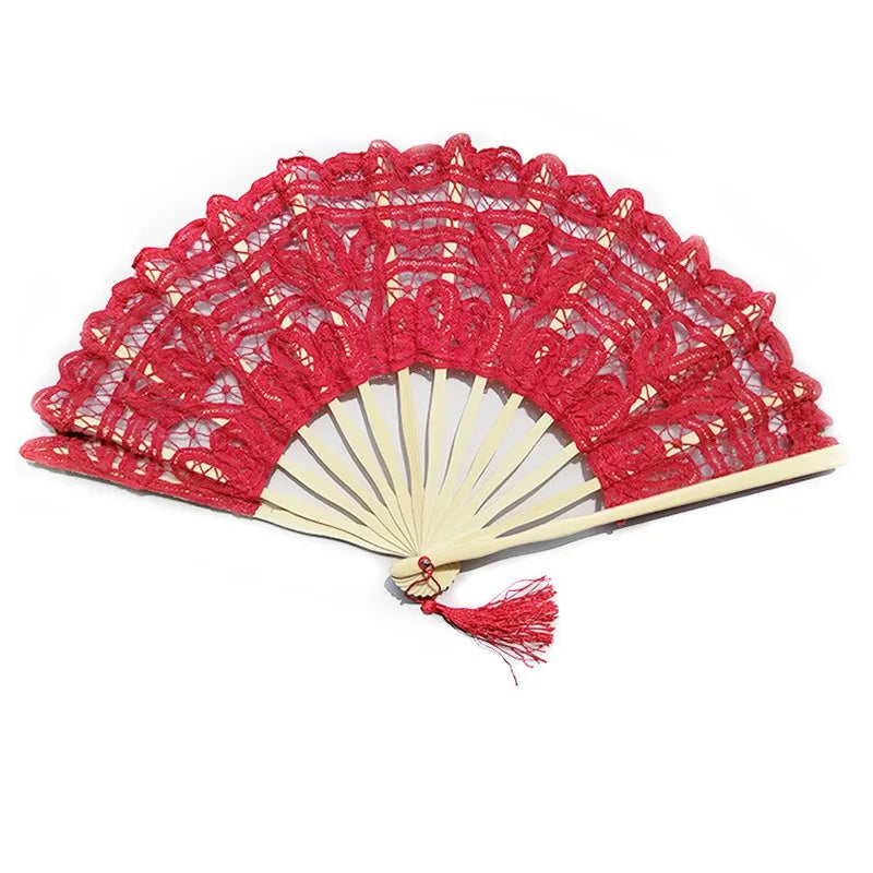 éventail pliant dentelle bambou portable brodé pompon décoration intérieure classique noir rose vert rouge
