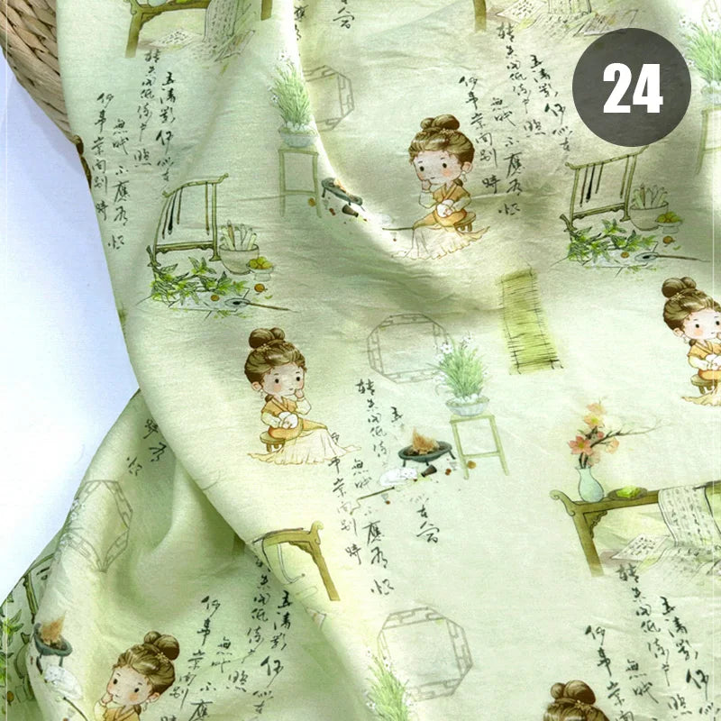 tissu imprimé chinois personnages traditionnels bambous fleurs beige vert bleu rose