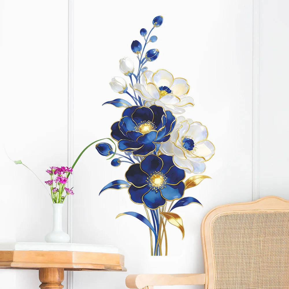 décoration murale sticker floral bleu blanc doré peinture aquarelle brillant adhésif élégantintérieur