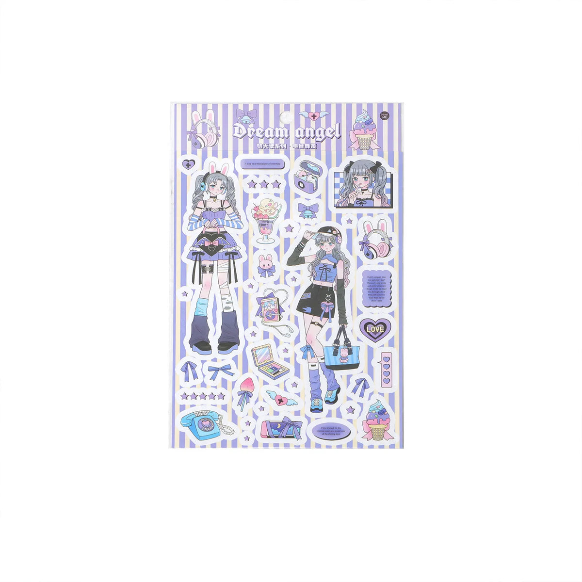 sticker kawaii fille personnages coeurs geometrique textes rose bleu violet doux