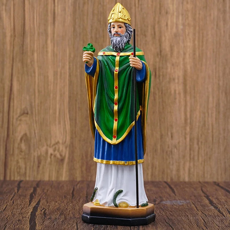statue saint patrick résine trèfle serpent base décor religieux traditionnel trèfle or vert bleu