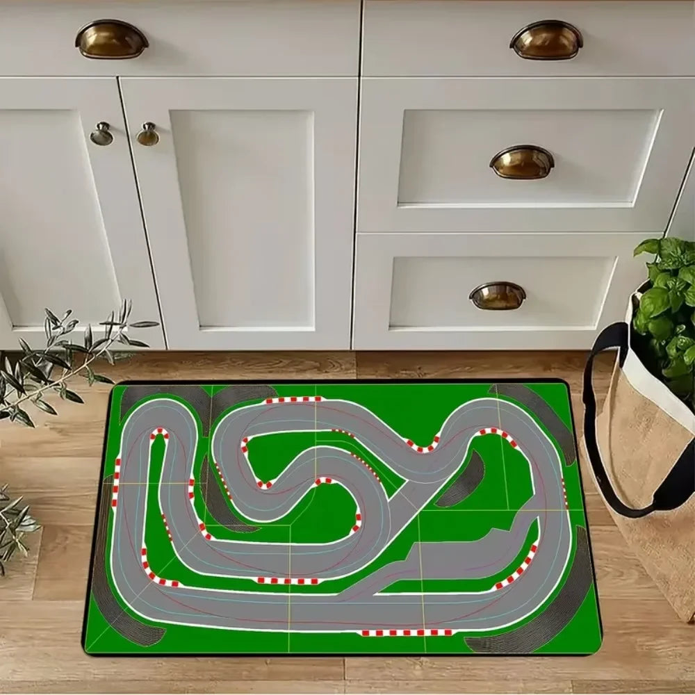 tapis sol vert gris moderne route course bordures rouges blanches salon chambre