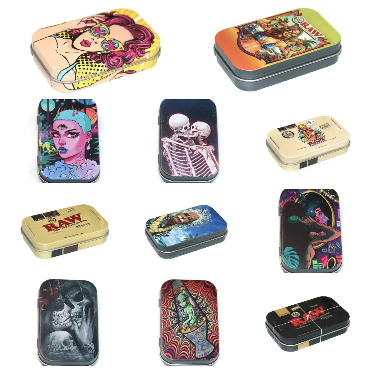 boîtes métalliques or noir vintage illustrées papier rouler squelette fleurs pop art