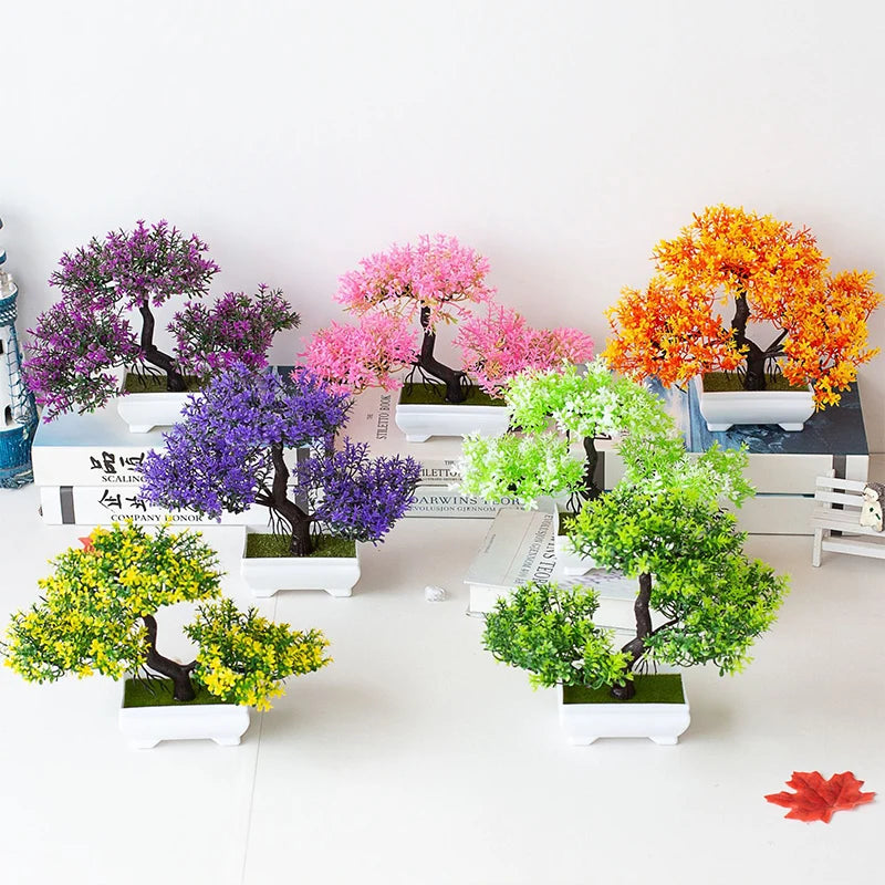 arbre bonsaï artificiel plante décorative fleurs colorées pot blanc mousse verte décoration intérieure maison