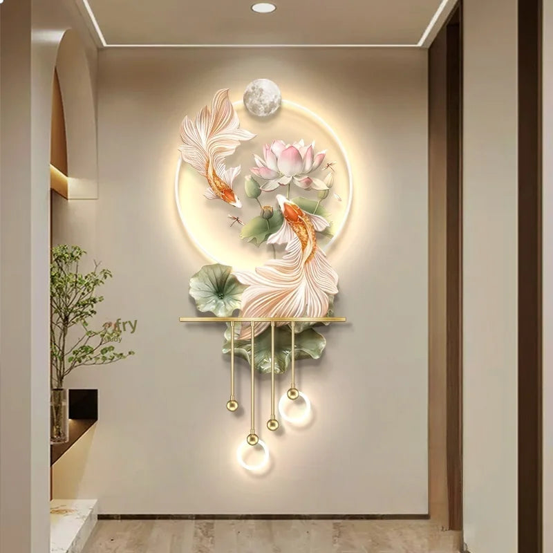 décoration murale moderne poissons floral feuilles lumineuse led beige rose verte doré