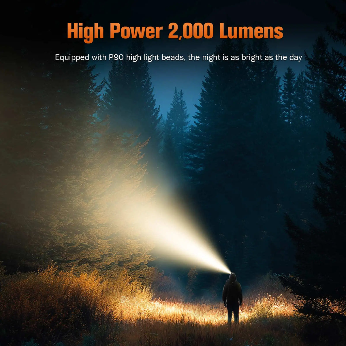 lampe frontale rechargeable 2000lm 8000mah led noire orange camping pêche