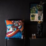 coussin abstrait brodé chats fleurs moderne linge coton bleu orange noir blanc vert marron