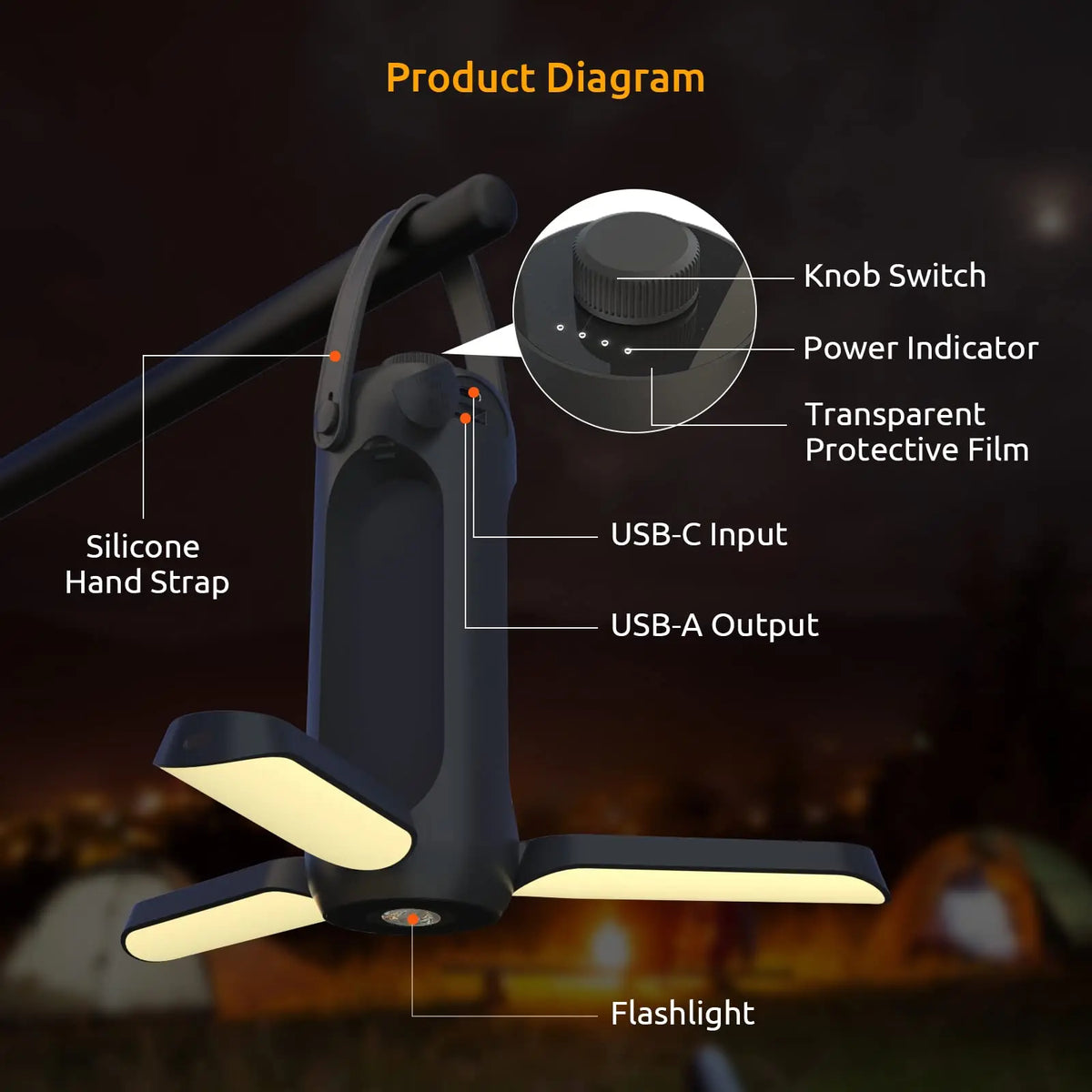 lampe camping rechargeable led blanc noir annuaire suspension camping fishing travel interrupteur usb