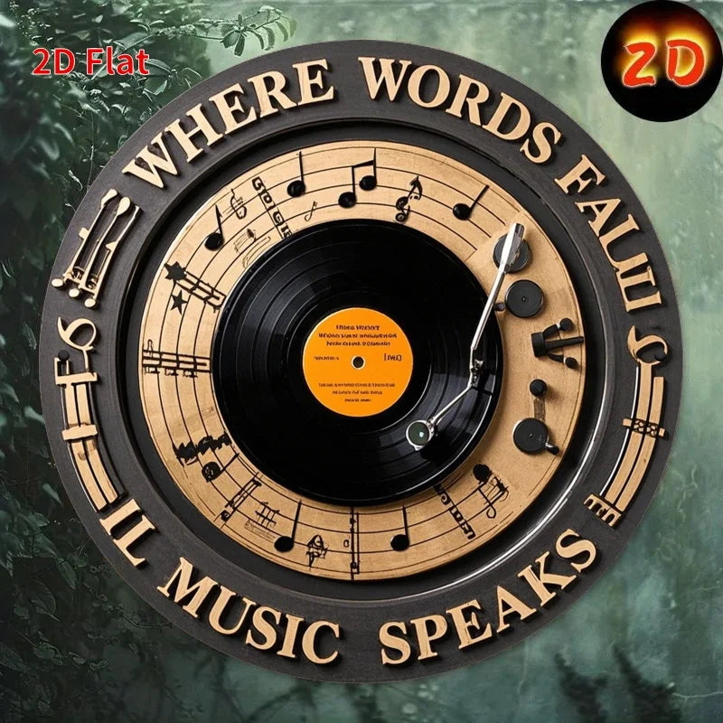 décoration murale disque vinyle notes musicales où mots échouent musique parle noir beige 20cm