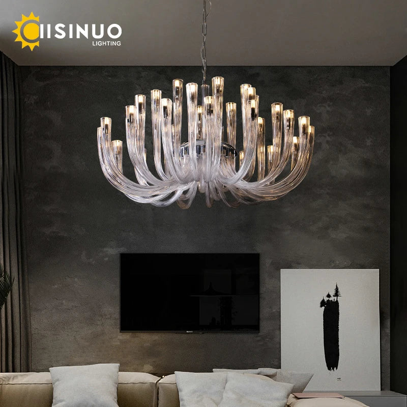 lustre transparent tubulaire contemporain verre strié g9 chambre salon élégant suspension adjustable