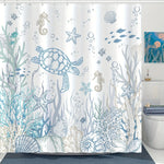 rideau douche moderne thème marin tortue hippocampes étoiles mer blanc bleu gris