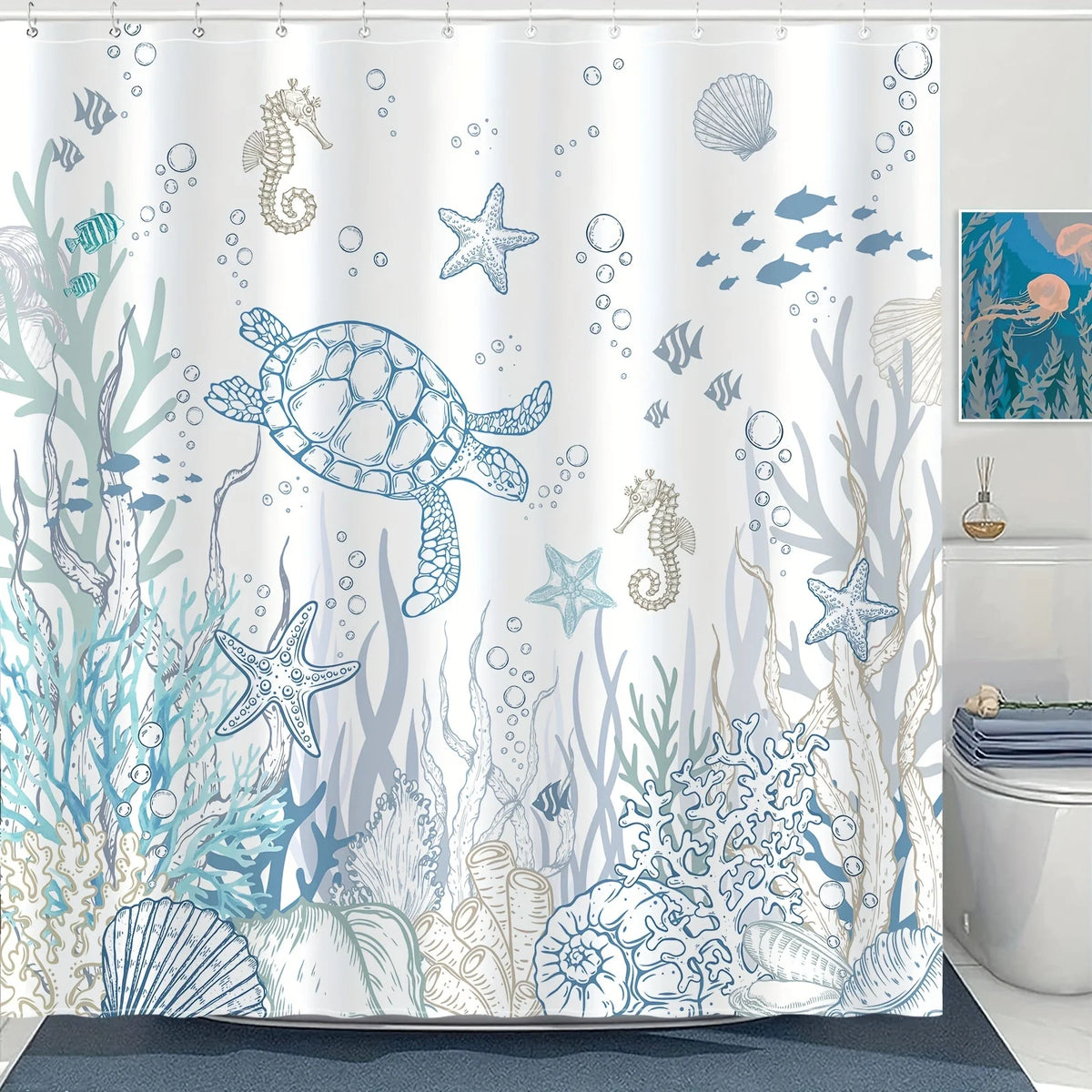 rideau douche moderne thème marin tortue hippocampes étoiles mer blanc bleu gris
