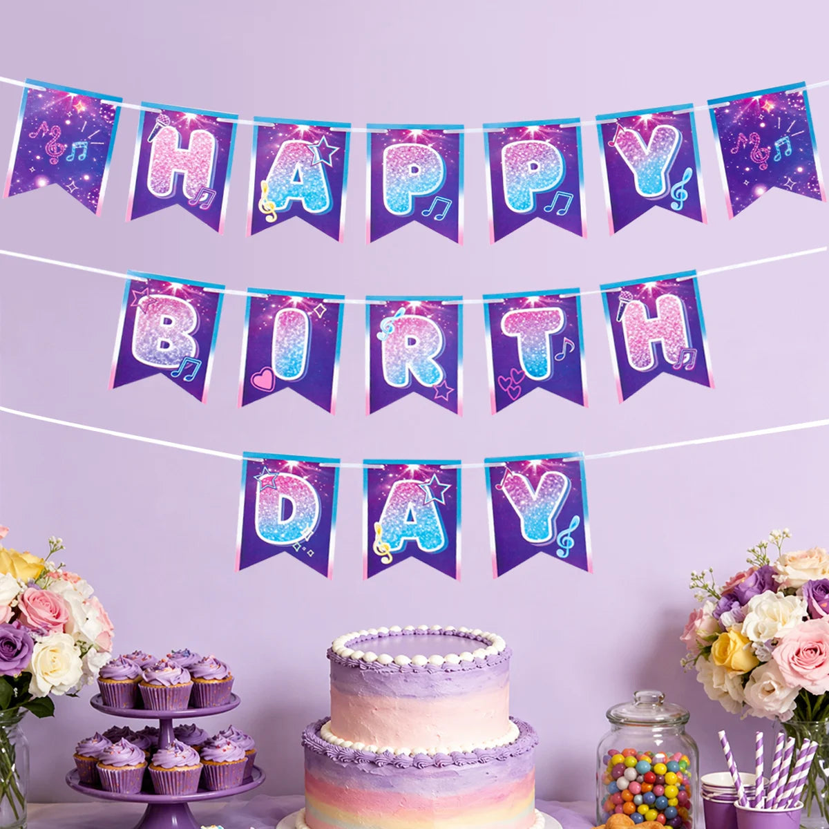 guirlande fanions violet bleu blanc rose étoiles notes musicales paillettes fil festif anniversaire enfant