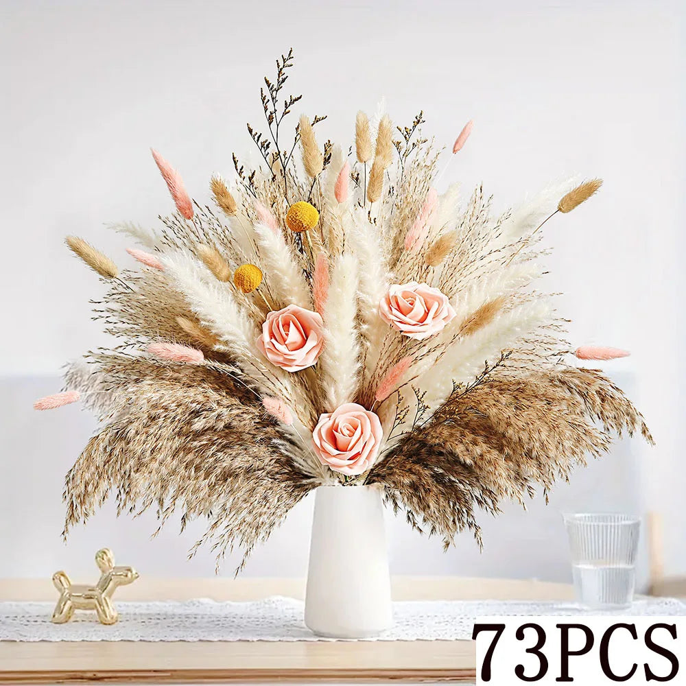 décoration boho bouquet fleurs séchées pampas roses artificielles anniversaire mariage