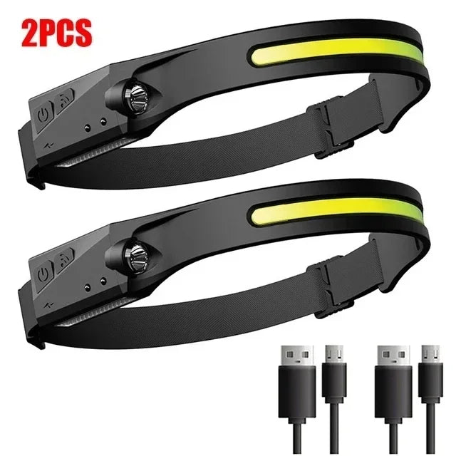 lampe frontale rechargeable led noire jaune mode nuit camping pêche extérieur USB cable sortie