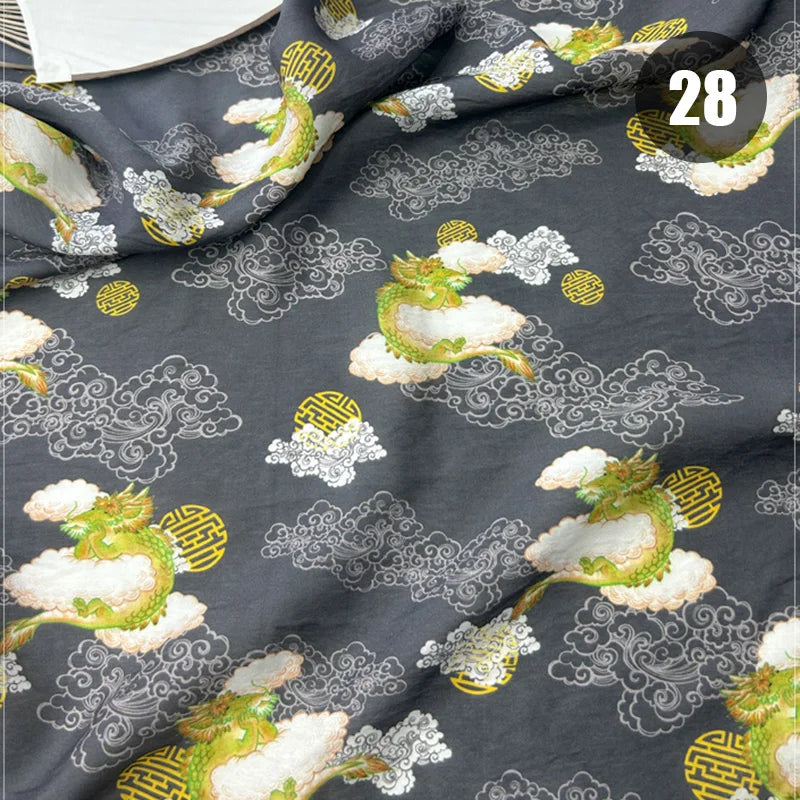 tissu imprimé chinois personnages traditionnels bambous fleurs beige vert bleu rose