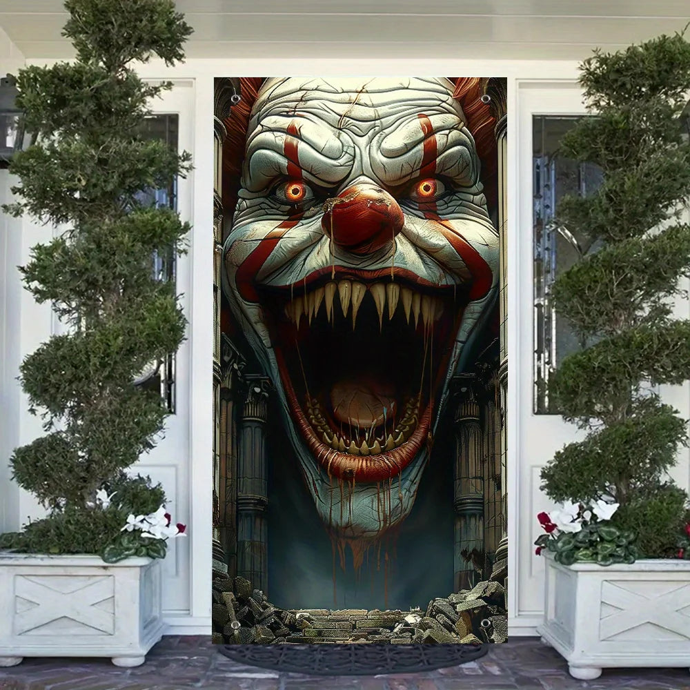 décoration halloween poster clown effrayant blanc rouge noir 90x180cm clips suspension cadre