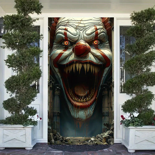 décoration halloween poster clown effrayant blanc rouge noir 90x180cm clips suspension cadre