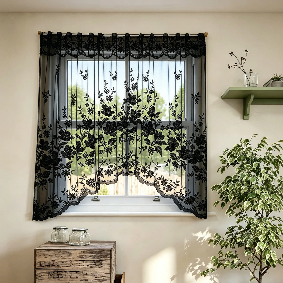 rideau arqué dentelle noir floral transparent vintage romantique decoration boheme