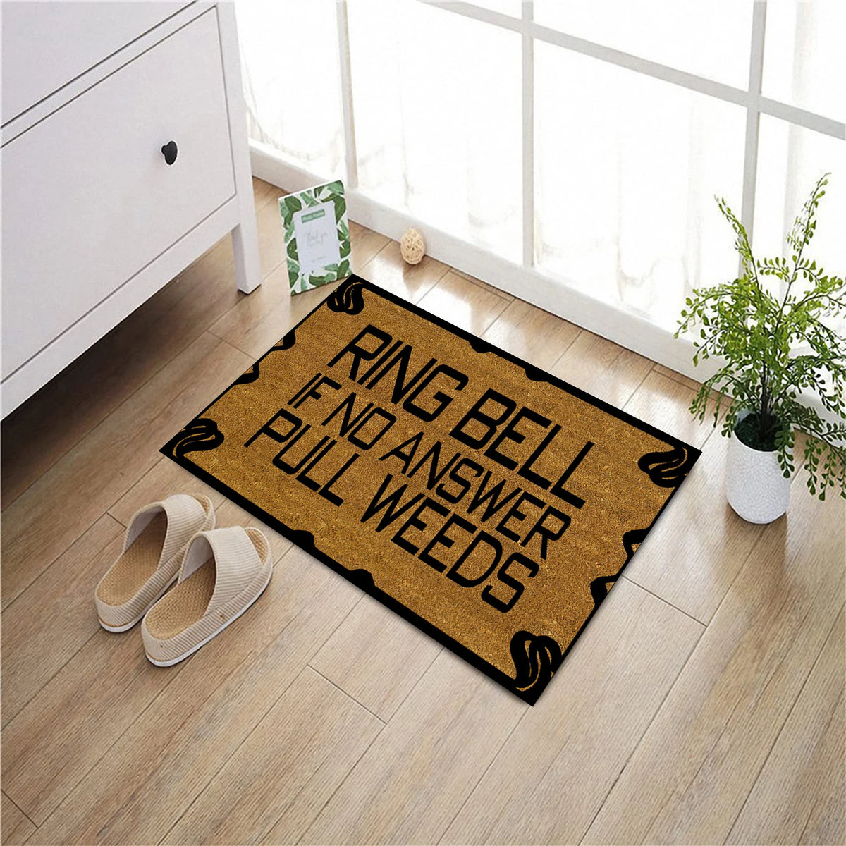 tapis d'entrée marron clair antidérapant anti bactéries résistant corrosion imperméable texte ring bell weeds