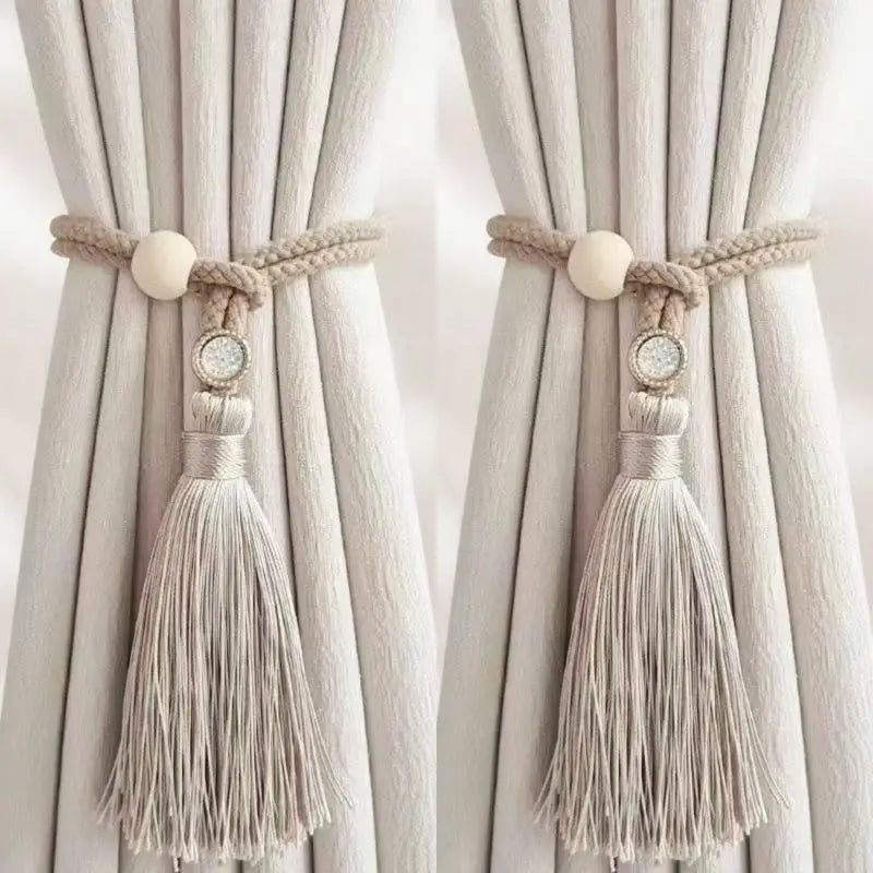 anneau bois cordelette pompon franges deco moderne rustique tissu coton beige clair