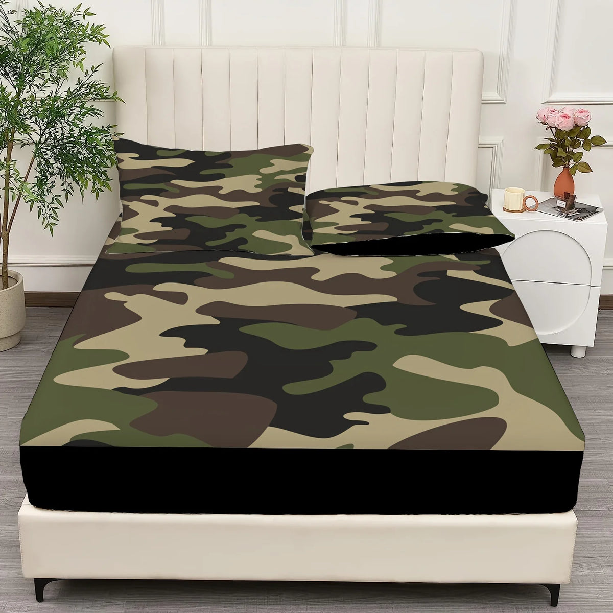 draps housses camouflage vert marron moderne lit imprimé polyester 100% sérigraphie qualité chambre coucher