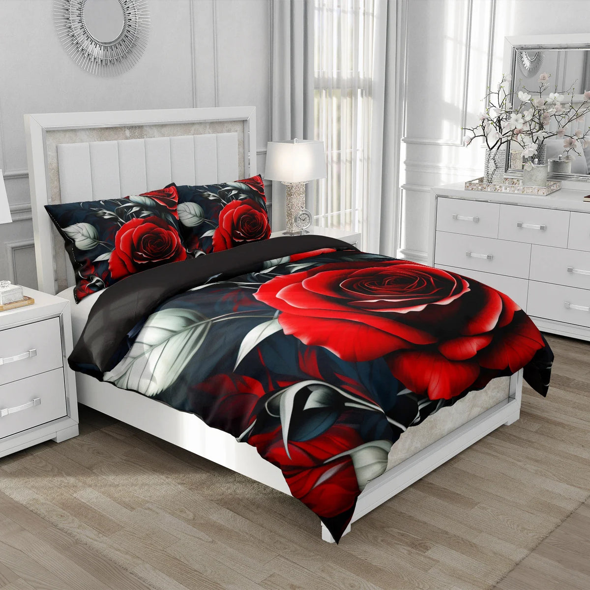 Ensemble literie floral rouge 3D vue d'ensemble