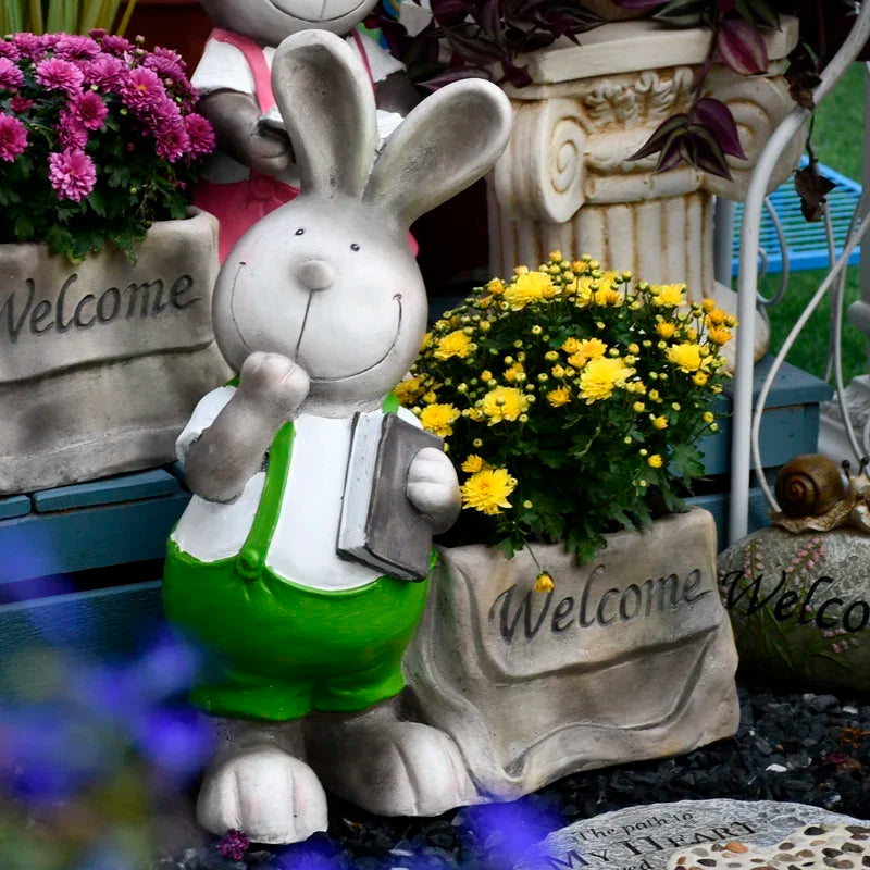 figurines lapins decoratifs pot fleurs welcome inscription jardin decoration champetre enfants fleurs