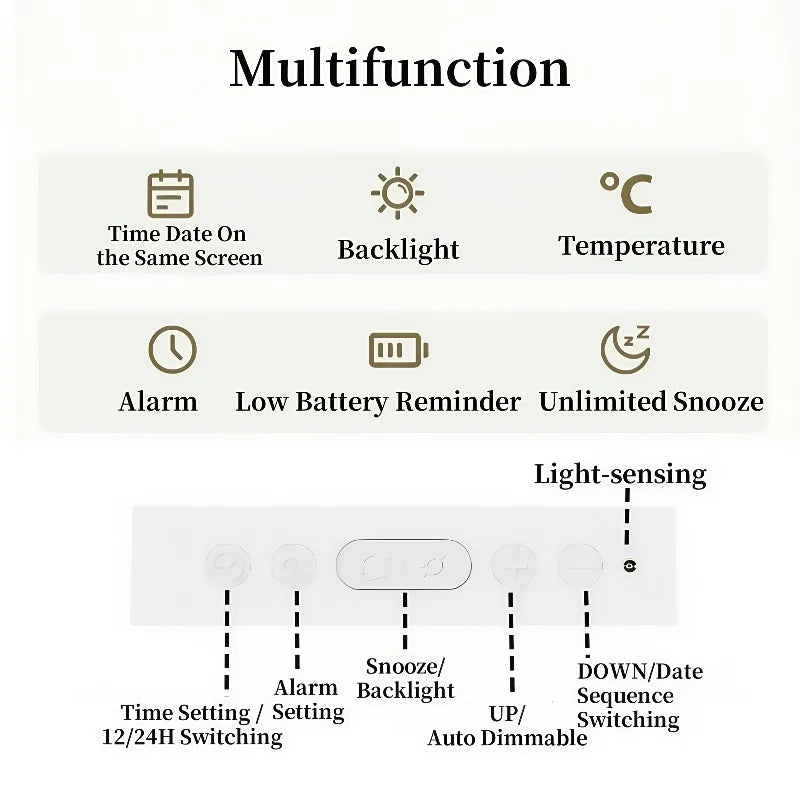 réveil numérique horloge lcd blanc minimaliste affichage heure date température snooze fonctionnalités modernes