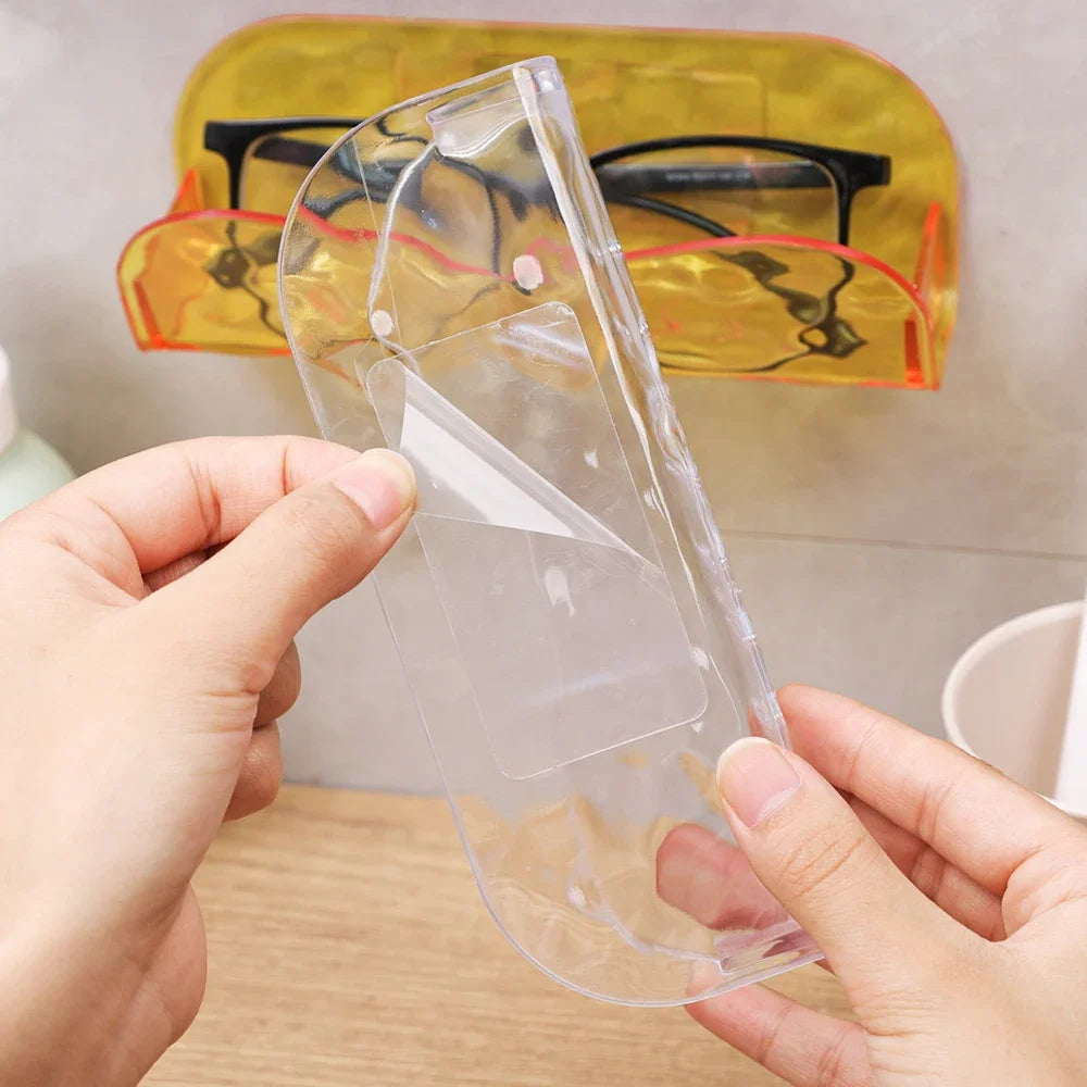 support rangement mural étuis lunettes jaune bleu translucides marbré moderne adhésif lunettes noires plastique