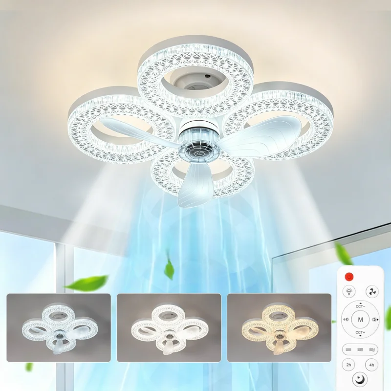 ventilateur lampe led blanc texture diamants moderne télécommande vitesses intensité progressive